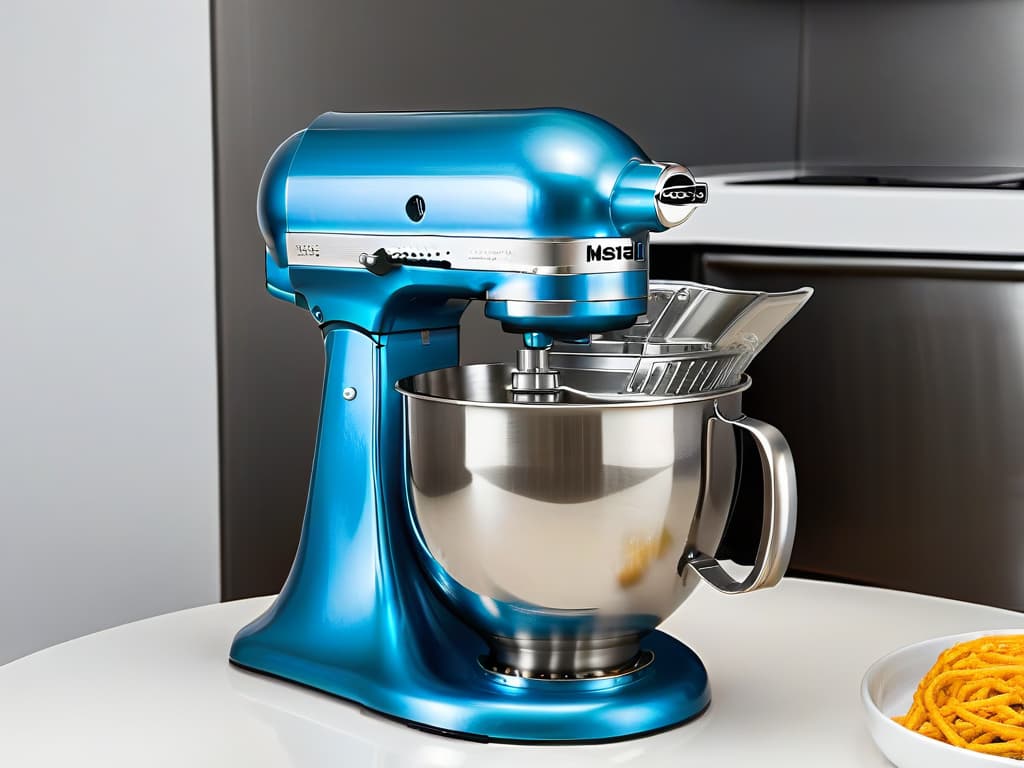  A closeup, ultradetailed image of a sleek, stainless steel stand mixer with a glossy finish, capturing the intricate design of the mixing bowl, the precise settings dial, and the smooth lines of the machine. hyperrealistic, full body, detailed clothing, highly detailed, cinematic lighting, stunningly beautiful, intricate, sharp focus, f/1. 8, 85mm, (centered image composition), (professionally color graded), ((bright soft diffused light)), volumetric fog, trending on instagram, trending on tumblr, HDR 4K, 8K