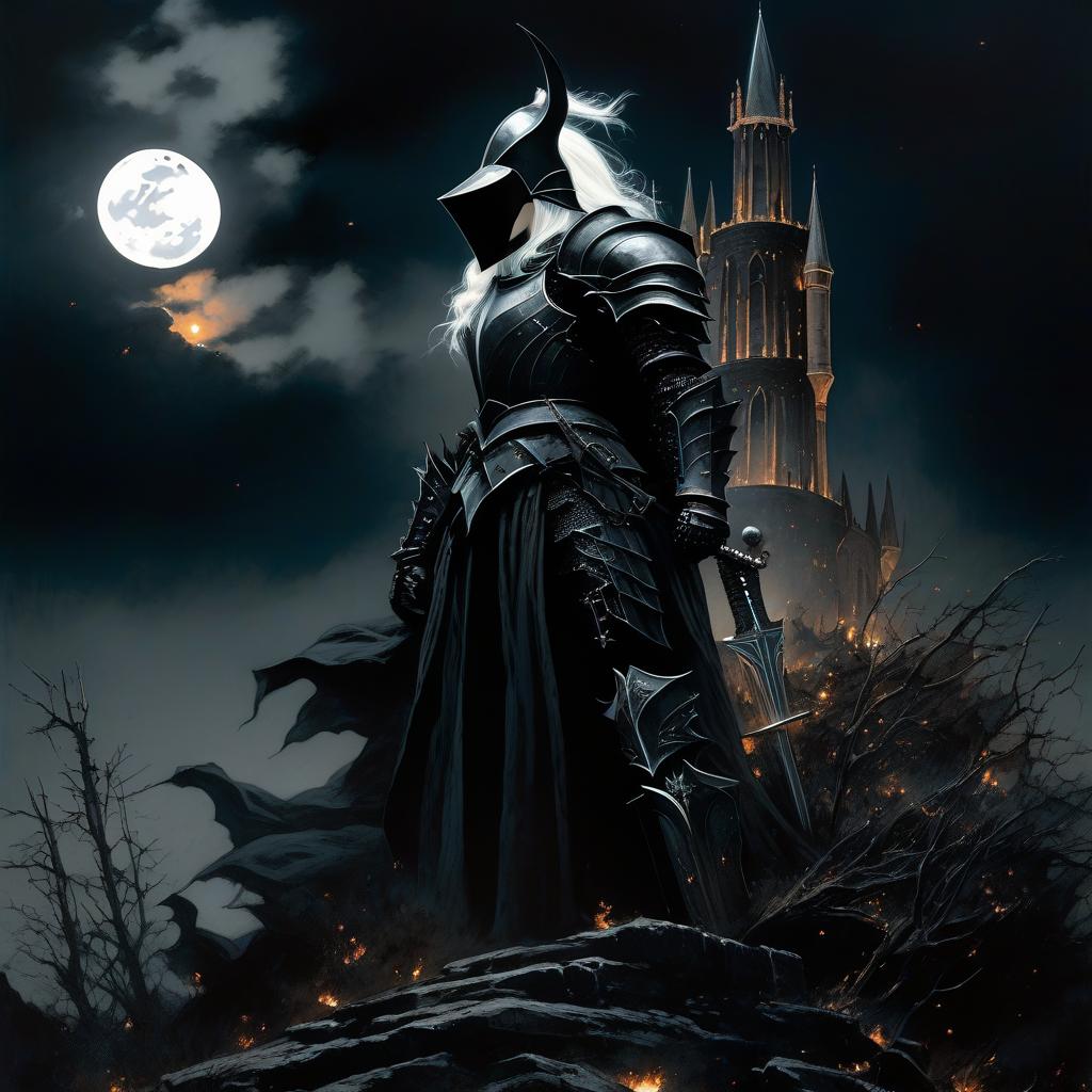  dystopian style Scene, close up, top view, in the lower right corner stands a black gothic tower with a balcony, on which a girl in a white dress, white hair, and bare feet. From the top left corner, along the black burnt path to the tower, a knight in black armor rides, all happening at night under a full moon. In the frame should be a knight in black armor. . bleak, post apocalyptic, somber, dramatic, highly detailed hyperrealistic, full body, detailed clothing, highly detailed, cinematic lighting, stunningly beautiful, intricate, sharp focus, f/1. 8, 85mm, (centered image composition), (professionally color graded), ((bright soft diffused light)), volumetric fog, trending on instagram, trending on tumblr, HDR 4K, 8K