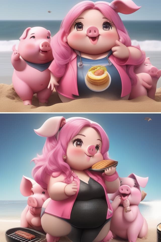  extremely obese girl、pink colored hair、((bright deep pink colored drooping pig's ears:1.4、ultra detailed plump & fat face sweaty smile:1.4、ultra detailed shiny black skin:1.4))、(((on the beach:1.4、barbecue:1.4)))、(、eating a lot of barbecue)、dutch angle、best quality:1.4、masterpiece:1.4、ultra detailed texture、RAW photorealistic、absurd resolution、8K illustration、💩、💩、 hyperrealistic, full body, detailed clothing, highly detailed, cinematic lighting, stunningly beautiful, intricate, sharp focus, f/1. 8, 85mm, (centered image composition), (professionally color graded), ((bright soft diffused light)), volumetric fog, trending on instagram, trending on tumblr, HDR 4K, 8K