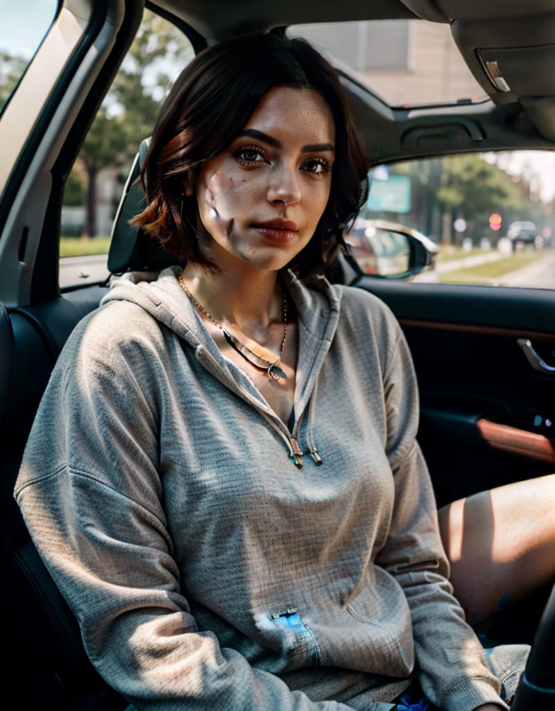  RAW photo, a 2 old , upper body, selfie in a car, blue hoodie, (raecmbr 2650:0.9), (r4ec4mbr4:0.95), (1), (realistic), (photo realistic:1.5), inside a car, driving, lipstick, freckles, (short hair), multicolor hair, necklace, (RAW photo, 8k uhd, film grain), Sharp Eyeliner, Blush Eyeshadow With Eyelashes, extremely delicate and beautiful, 8k, soft lighting, high quality, highres, sharp focus, extremely detailed, during the day, (sunlight on face), beautiful detailed eyes, extremely detailed eyes and face, masterpiece, cinematic lighting, (high detailed skin:1.2), 8k uhd, dslr, soft lighting, high quality, film grain, Fujifilm XT3 hyperrealistic, full body, detailed clothing, highly detailed, cinematic lighting, stunningly beautiful, intricate, sharp focus, f/1. 8, 85mm, (centered image composition), (professionally color graded), ((bright soft diffused light)), volumetric fog, trending on instagram, trending on tumblr, HDR 4K, 8K