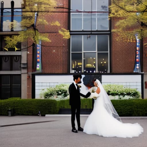 wa-vy style an anime black haired man and woman are arguing with each other who are wearing wedding attire behind them is a wedding atmosphere hyperrealistic, full body, detailed clothing, highly detailed, cinematic lighting, stunningly beautiful, intricate, sharp focus, f/1. 8, 85mm, (centered image composition), (professionally color graded), ((bright soft diffused light)), volumetric fog, trending on instagram, trending on tumblr, HDR 4K, 8K