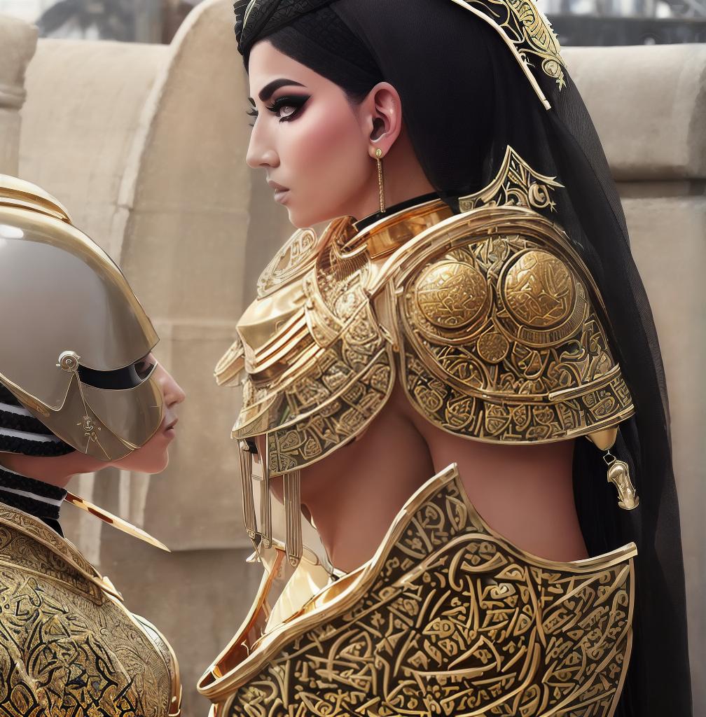  ((Side view:1.8)), ((masterpiece)),(((best quality))), ((futuristic empress, mature face, ((middle eastern eyes:1.4)), ((gold futuristic gown)), (((intricate futuristic breastplate))),