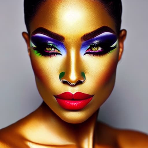  Beauty woman painted black skin color body art gold makeup lips eyelids fingertips nails gold color paint professional gold makeup
