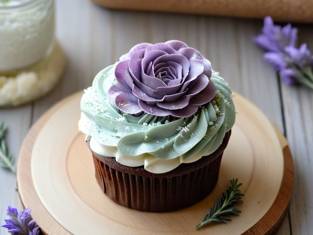  A closeup, photorealistic image of a delicate, intricately decorated cupcake topped with shimmering lavenderinfused sea salt crystals, surrounded by fresh sprigs of fragrant rosemary and vibrant edible flowers. The cupcake is placed on a rustic wooden table, with soft natural light filtering through a nearby window, casting a gentle glow on the textured frosting and enhancing the vibrant colors of the botanical garnishes. The details of the salt crystals glistening in the light and the intricate piping work on the cupcake are so clear that every tiny facet and delicate brushstroke is visible, inviting the viewer to appreciate the artistry and craftsmanship of experimental pastry creation. hyperrealistic, full body, detailed clothing, highly detailed, cinematic lighting, stunningly beautiful, intricate, sharp focus, f/1. 8, 85mm, (centered image composition), (professionally color graded), ((bright soft diffused light)), volumetric fog, trending on instagram, trending on tumblr, HDR 4K, 8K