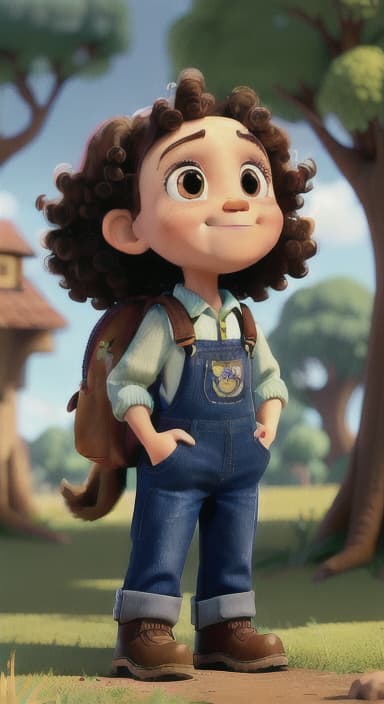  {Riley looking up at the tree with a big smile, animals surrounding them., Riley, a curious with big brown eyes and curly hair, wearing overalls and carrying a small backpack. Their friend, Skye, a bluebird with shiny feathers.