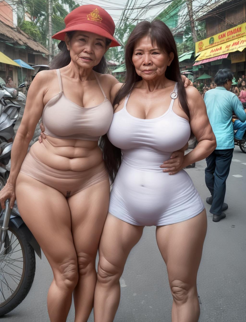  mujer madura de 50 años hermosa con su gran trasero en calzones en Vietnam en la calle con su amiga cachonda y caliente