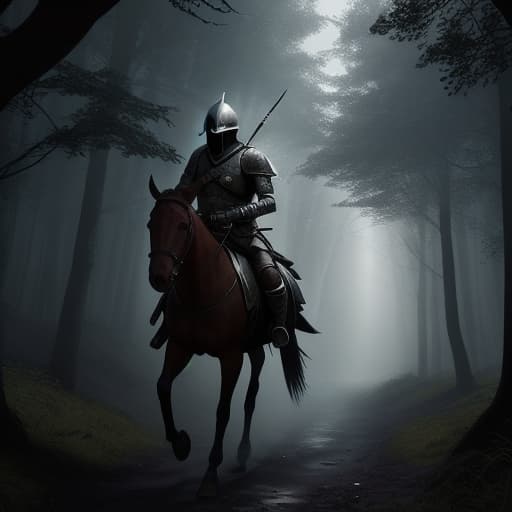  Un soldado con armadura de guerra desgastada dañada sin casco con rostro lastimado montando un caballo de color marrón caminando por un bosque sombrío oscuro ambiente triste y oscuro con cabeza en picada ambiente triste con lluvia llorando Cinematic Quality, High Resolution, Dramatic hyperrealistic, full body, detailed clothing, highly detailed, cinematic lighting, stunningly beautiful, intricate, sharp focus, f/1. 8, 85mm, (centered image composition), (professionally color graded), ((bright soft diffused light)), volumetric fog, trending on instagram, trending on tumblr, HDR 4K, 8K