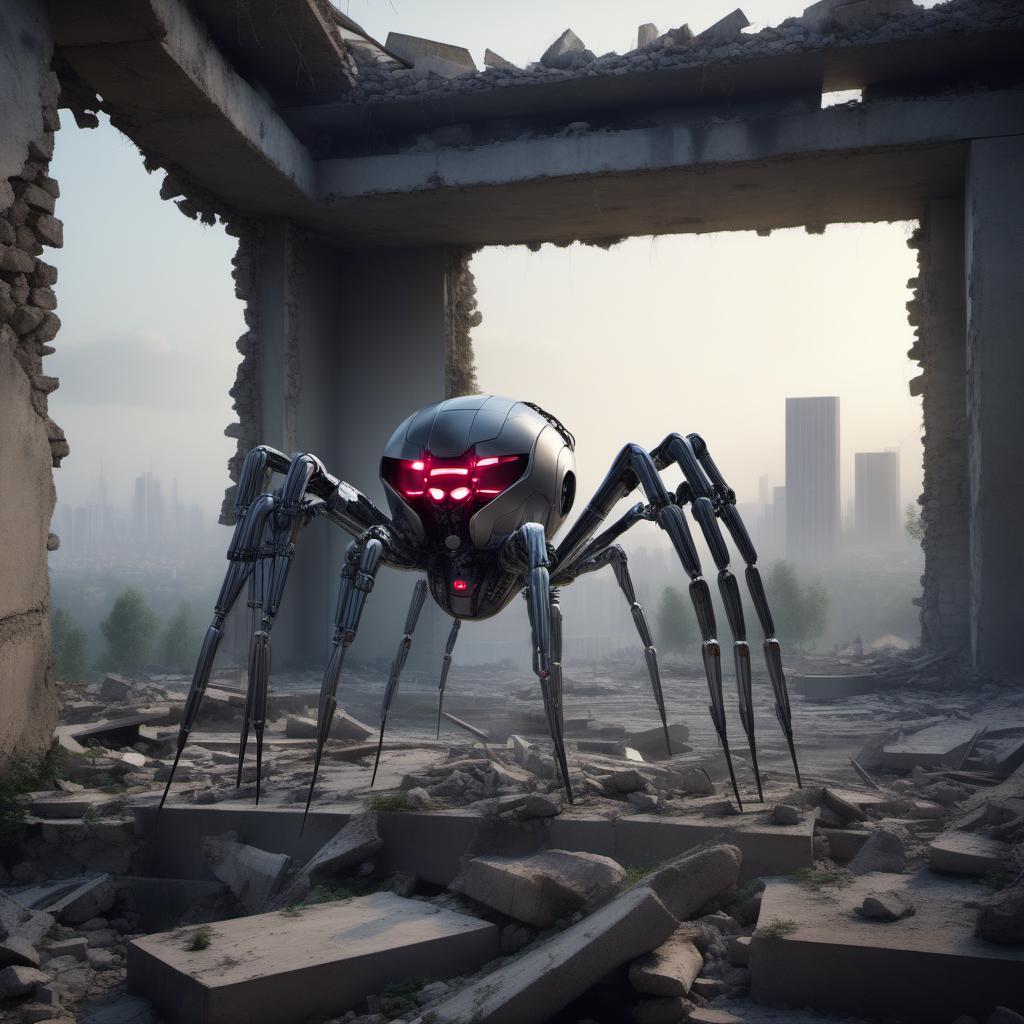  "Spider-robot on the ruins of a modern home, photorealistic, 4K resolution."