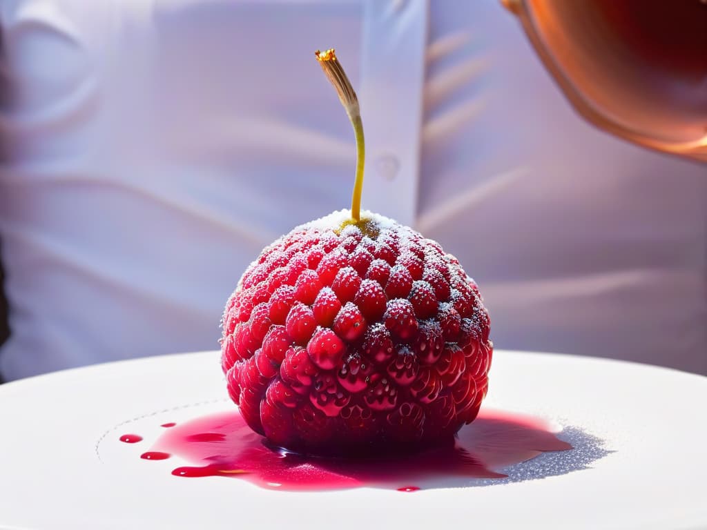  A closeup, ultradetailed image of a vibrant raspberry being transformed into a molecular gastronomyinspired sphere, showcasing the intricate process of fruit manipulation through molecular techniques. The raspberry's rich red color contrasts beautifully with the modern, minimalist presentation, emphasizing the fusion of traditional fruit concepts with cuttingedge culinary methods. hyperrealistic, full body, detailed clothing, highly detailed, cinematic lighting, stunningly beautiful, intricate, sharp focus, f/1. 8, 85mm, (centered image composition), (professionally color graded), ((bright soft diffused light)), volumetric fog, trending on instagram, trending on tumblr, HDR 4K, 8K