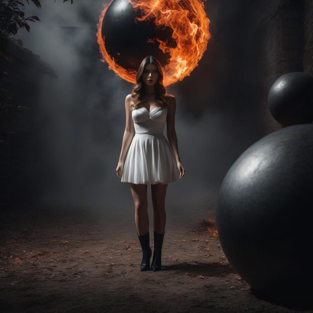  A fiery ball hovered before a beautiful, frightened girl from another world. The image was divided into a white and black part. In the black part was the fiery ball, in the white part was the girl. Mystery, fantasy. hyperrealistic, full body, detailed clothing, highly detailed, cinematic lighting, stunningly beautiful, intricate, sharp focus, f/1. 8, 85mm, (centered image composition), (professionally color graded), ((bright soft diffused light)), volumetric fog, trending on instagram, trending on tumblr, HDR 4K, 8K