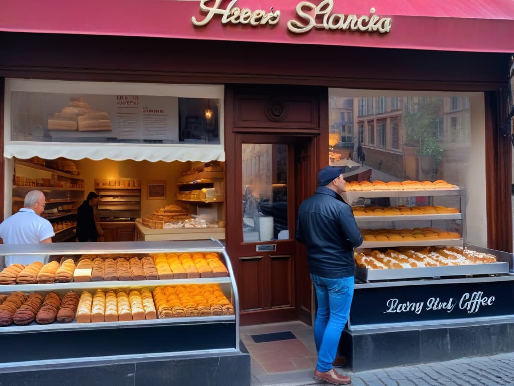  A photorealistic image of a bustling local bakery in a quaint town square, with a diverse group of customers happily purchasing colorful pastries and chatting with the skilled bakers behind the counter. The scene captures the essence of community support for local businesses and the economic impact of the pastry industry on the region. The image is rich in detail, showcasing intricately decorated cakes, flaky croissants, and steaming cups of coffee, all set against a backdrop of charming cobblestone streets and vibrant storefronts. hyperrealistic, full body, detailed clothing, highly detailed, cinematic lighting, stunningly beautiful, intricate, sharp focus, f/1. 8, 85mm, (centered image composition), (professionally color graded), ((bright soft diffused light)), volumetric fog, trending on instagram, trending on tumblr, HDR 4K, 8K