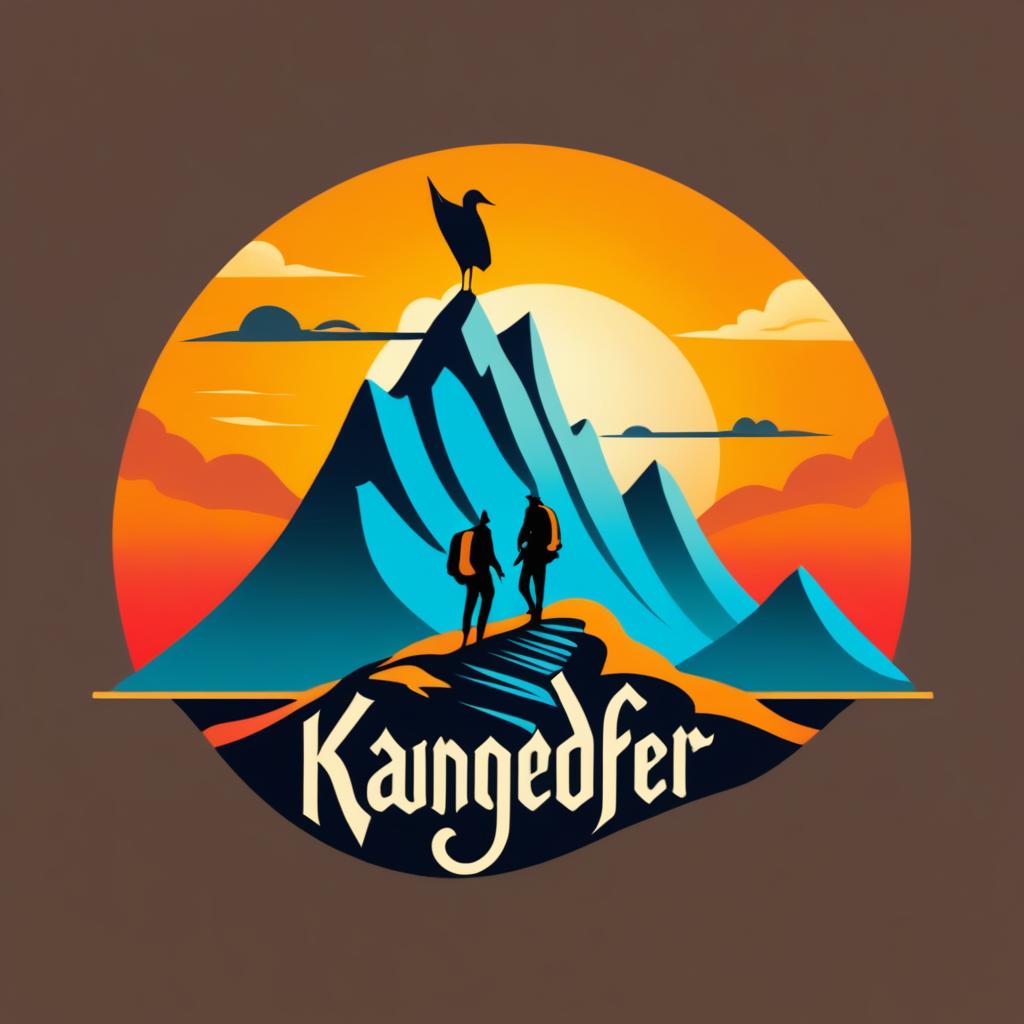  Logo, (surrealism style), 2 Wanderer, Berggipfel im Sonnenuntergang, klares Logo