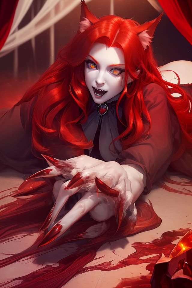  (Not a beast person) Masterpiece, {Vampire, Red Hair Color, (Beautiful Amber Eyes, Clear and Sparkling) (With Fangs) Beautiful} {Wolf, Cudling} GH Quality, 8k