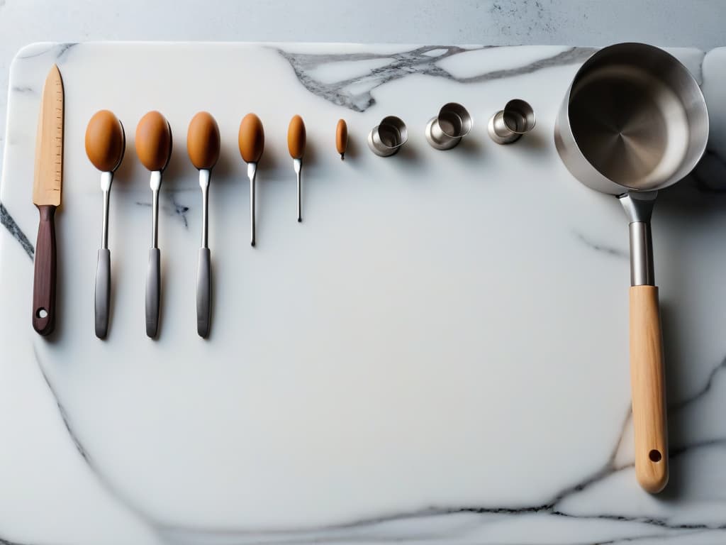  A closeup, highresolution image of a set of perfectly aligned baking tools and utensils on a sleek, marble countertop. The tools include measuring cups, a whisk, a spatula, piping bags, and various cookie cutters, all glistening under soft, natural lighting that highlights their polished surfaces. The composition exudes a sense of precision and readiness, hinting at the meticulous preparation required for a baking competition. hyperrealistic, full body, detailed clothing, highly detailed, cinematic lighting, stunningly beautiful, intricate, sharp focus, f/1. 8, 85mm, (centered image composition), (professionally color graded), ((bright soft diffused light)), volumetric fog, trending on instagram, trending on tumblr, HDR 4K, 8K