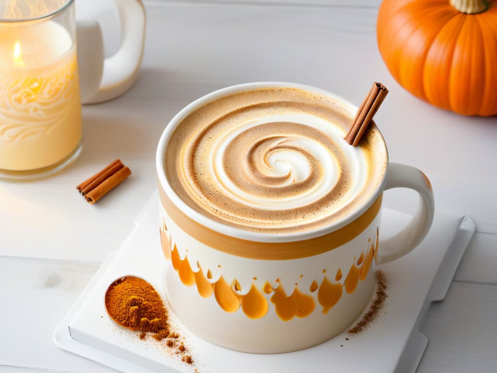  A closeup, ultradetailed image capturing the intricate swirling patterns of cinnamon powder and nutmeg sprinkled on top of a velvety Pumpkin Spice Latte in a pristine white ceramic mug. The warm hues of the spices contrast beautifully with the creamy froth, creating a visually stunning and inviting composition that evokes the cozy essence of homemade autumn beverages. hyperrealistic, full body, detailed clothing, highly detailed, cinematic lighting, stunningly beautiful, intricate, sharp focus, f/1. 8, 85mm, (centered image composition), (professionally color graded), ((bright soft diffused light)), volumetric fog, trending on instagram, trending on tumblr, HDR 4K, 8K