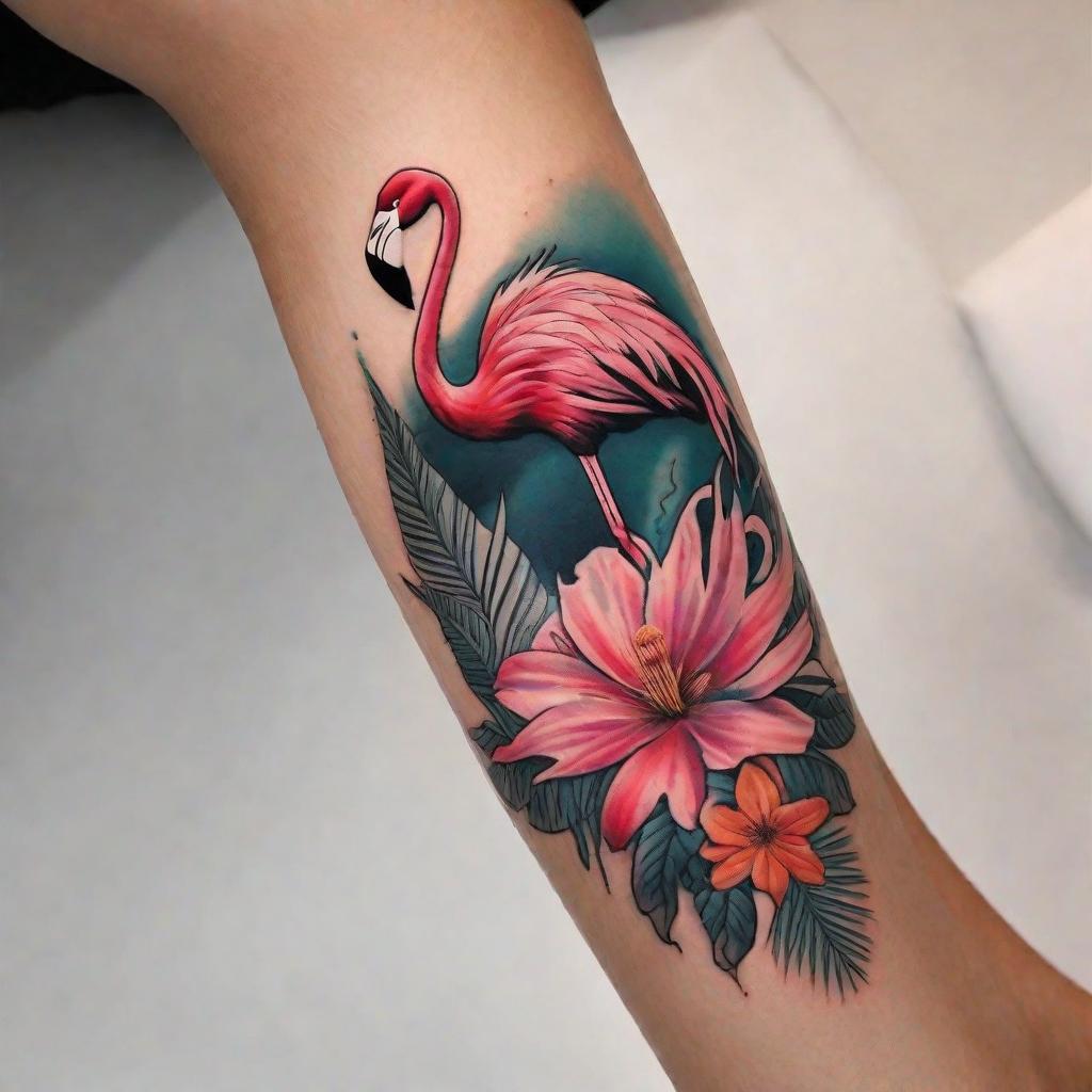  masterpiece, best quality, A leg tattoo of a flamingo I'm weeds with a small bumblebee om it's back and the word kze hidden in the tattoo