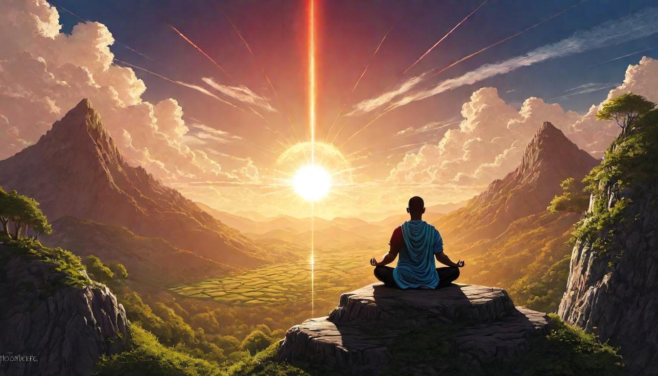  （surrealism)Image of person practicing yoga in the sunlight, energy lines emanating from body, merging with the earth, sense of unity and grounding mystic, intricate details, best quality)