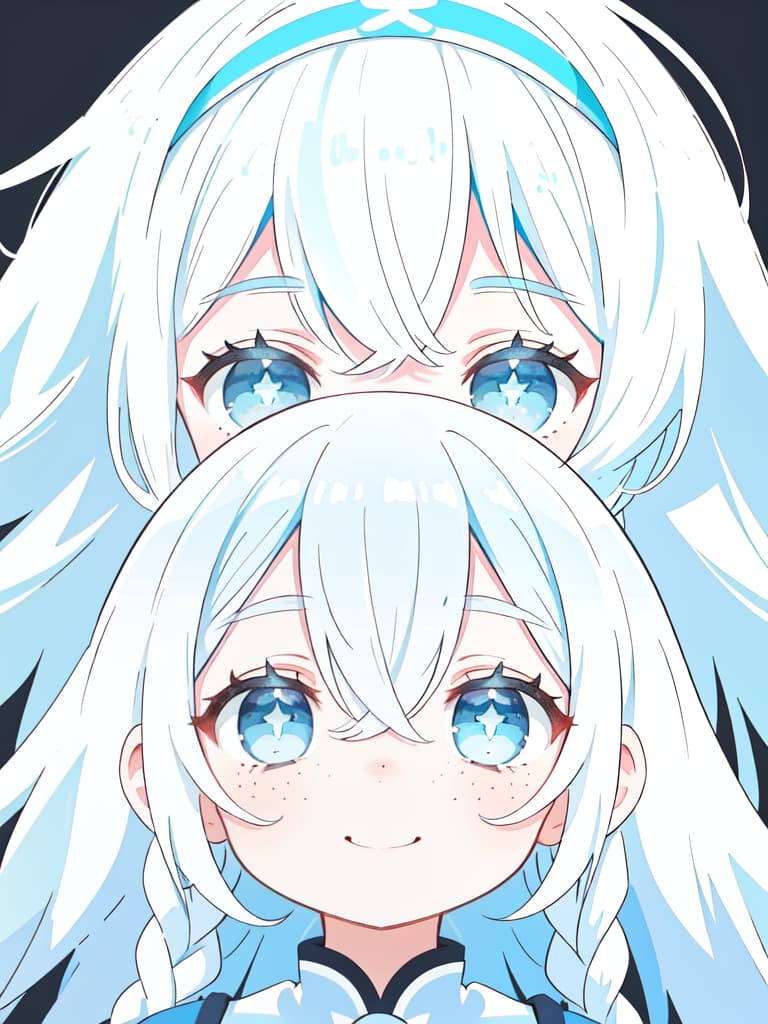  Loose braid, girl, Light Blue and White Hair, White Eye, Smile, Head Band, freckles, backgrounds, masterpiece, best quality,8k,ultra detailed,high resolution,an extremely delicate and beautiful,hyper detail