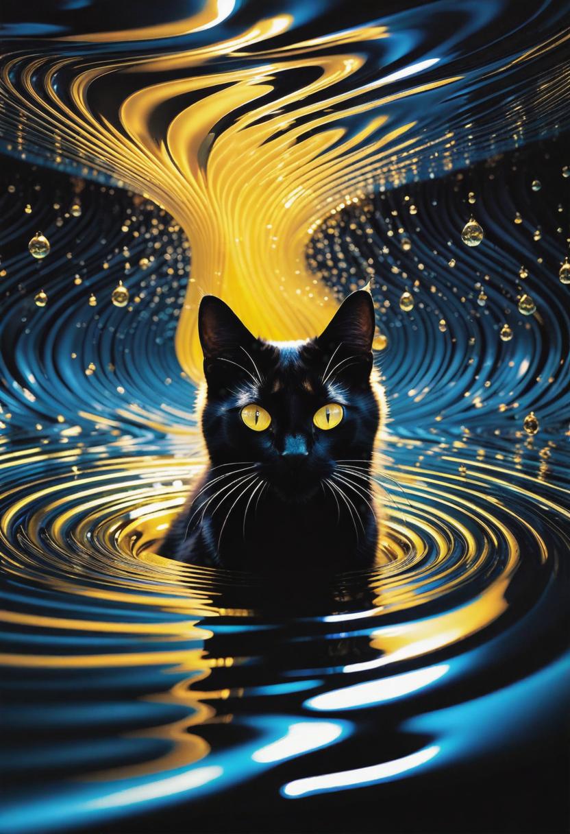  1. A sleek black cat with piercing yellow eyes rests on a bed of shimmering ferrofluid, creating a stunning visual display of mesmerizing ripples and reflections. The room is dimly lit, emphasizing the mystical aura surrounding the feline.

2. A playful ginger cat with a fluffy tail is surrounded by a pool of iridescent ferrofluid, giving it an otherworldly appearance. The ferrofluid forms intricate patterns that flow with the cat's movements, casting a unique and ethereal glow on the scene.

3. In an enchanted forest, a regal white cat with graceful movements prowls amongst twisting branches covered in shimmering ferrofluid. The ferrofluid glows softly, illuminating the mystical surroundings and lending an almost mystical energy to the cat hyperrealistic, full body, detailed clothing, highly detailed, cinematic lighting, stunningly beautiful, intricate, sharp focus, f/1. 8, 85mm, (centered image composition), (professionally color graded), ((bright soft diffused light)), volumetric fog, trending on instagram, trending on tumblr, HDR 4K, 8K
