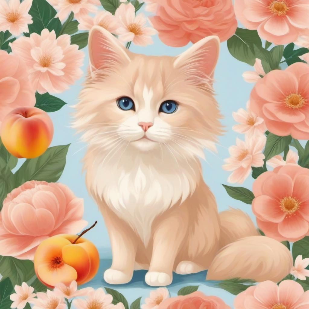  Please create a white cat with a fluffy shaggy tail, with coat languid blue eyes, lying against the background of large flowers of peach wood in beige pink tones in a romantic style