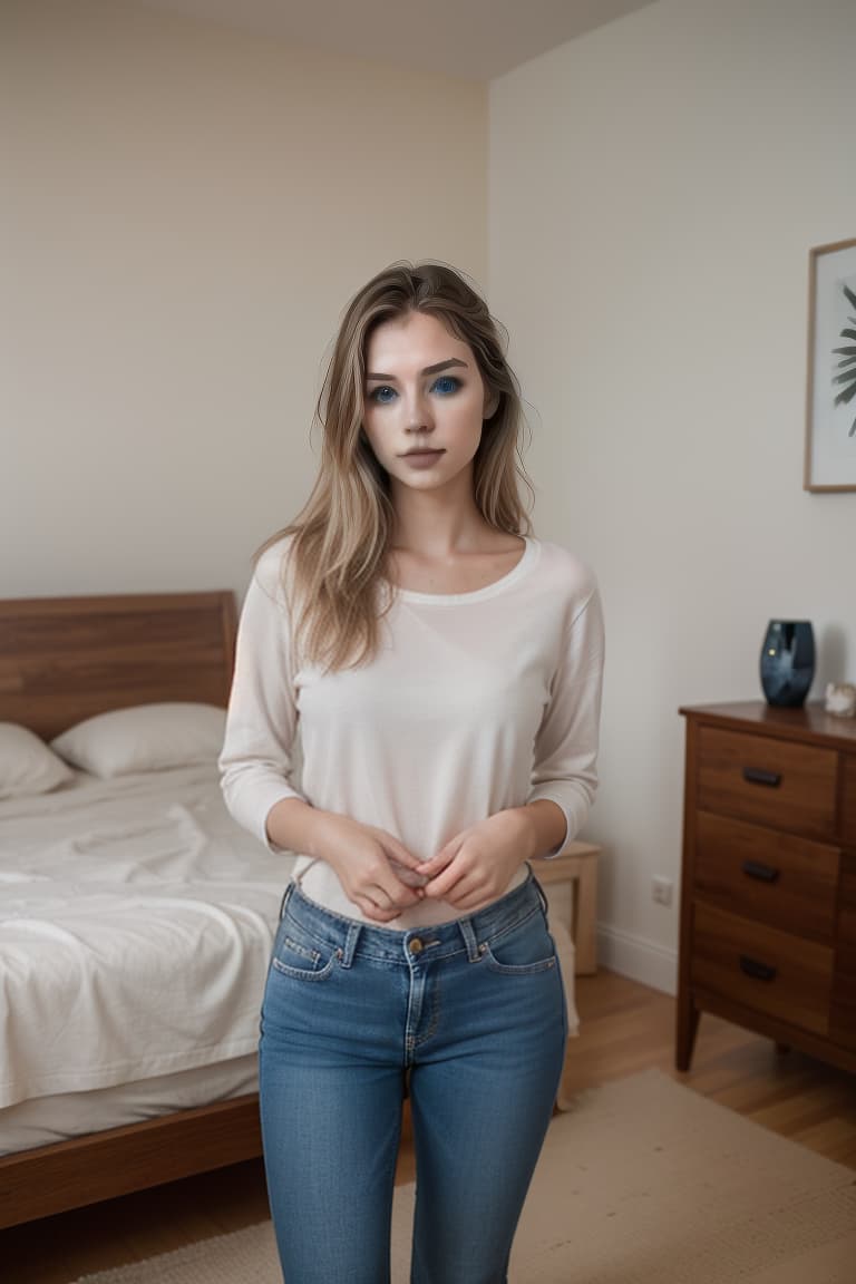  , photography, detailed skin, realistic, photo-realistic, shallow depth of field, sharp focus, photo of a 20 year Finnish woman with long vanilla hair and blue eyes, standing in front of a bed in a bedroom, wearing jeans,jeans,in front of bed in bedroom,standing, masterpiece, best quality, (photorealistic:1.4), perfect lighting, (photorealism:1.4), beautiful, best quality, aesthetic, high quality, best quality, 4k,, perfect lighting, masterpiece, symmetric eyes