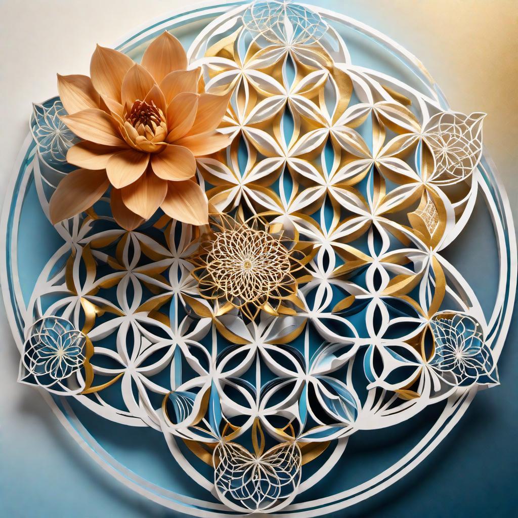  Create an image of the Flower of Life, featuring the intricate and symmetrical patterns of overlapping circles. The design should be detailed and geometrically precise, showcasing the beauty and harmony of this sacred geometry symbol. Use a color scheme that accentuates the elegance and spirituality of the Flower of Life, such as shades of gold, white, and soft blues or purples. hyperrealistic, full body, detailed clothing, highly detailed, cinematic lighting, stunningly beautiful, intricate, sharp focus, f/1. 8, 85mm, (centered image composition), (professionally color graded), ((bright soft diffused light)), volumetric fog, trending on instagram, trending on tumblr, HDR 4K, 8K