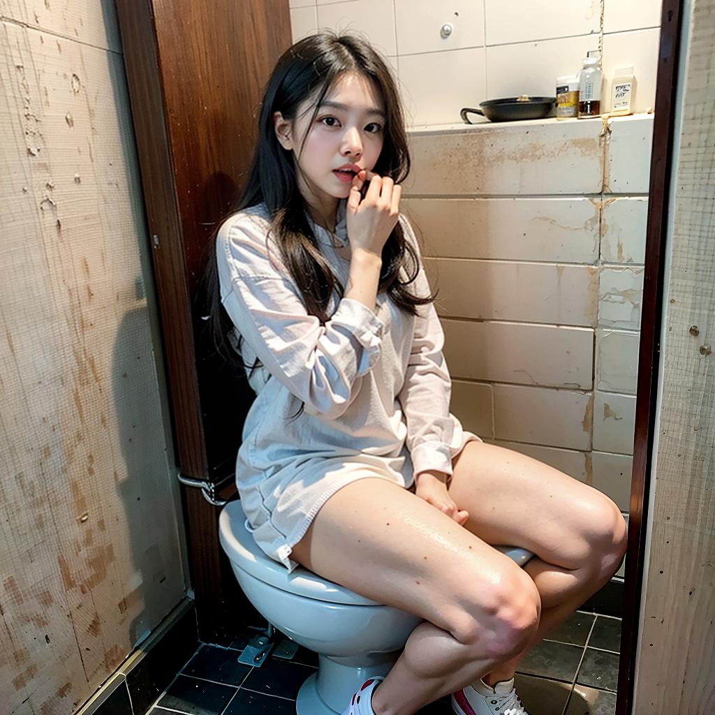  masterpiece, best quality, ultra high quality, slum interior tiny room with bed with pillow and blanket, rack, ((toilet stall)), broken mirror, pile of trash, dirty, plastic waste, puddle, dim light, futuristic, ornate, detail, 1 , solo, o actress, korea idol face, beauty face, shiny skin, (a pained look with one's mouth open), (, huge , huge ), ((sit on the toilet with one's legs apart, vulva, wide open leg, all body show, hole))
