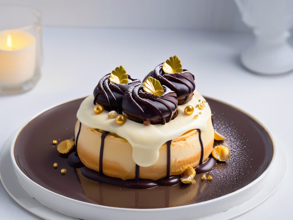  An exquisitely plated trio of profiteroles filled with luxurious vanilla cream, drizzled with rich dark chocolate ganache, and delicately garnished with edible gold leaf, set on a sleek white porcelain dessert plate. hyperrealistic, full body, detailed clothing, highly detailed, cinematic lighting, stunningly beautiful, intricate, sharp focus, f/1. 8, 85mm, (centered image composition), (professionally color graded), ((bright soft diffused light)), volumetric fog, trending on instagram, trending on tumblr, HDR 4K, 8K