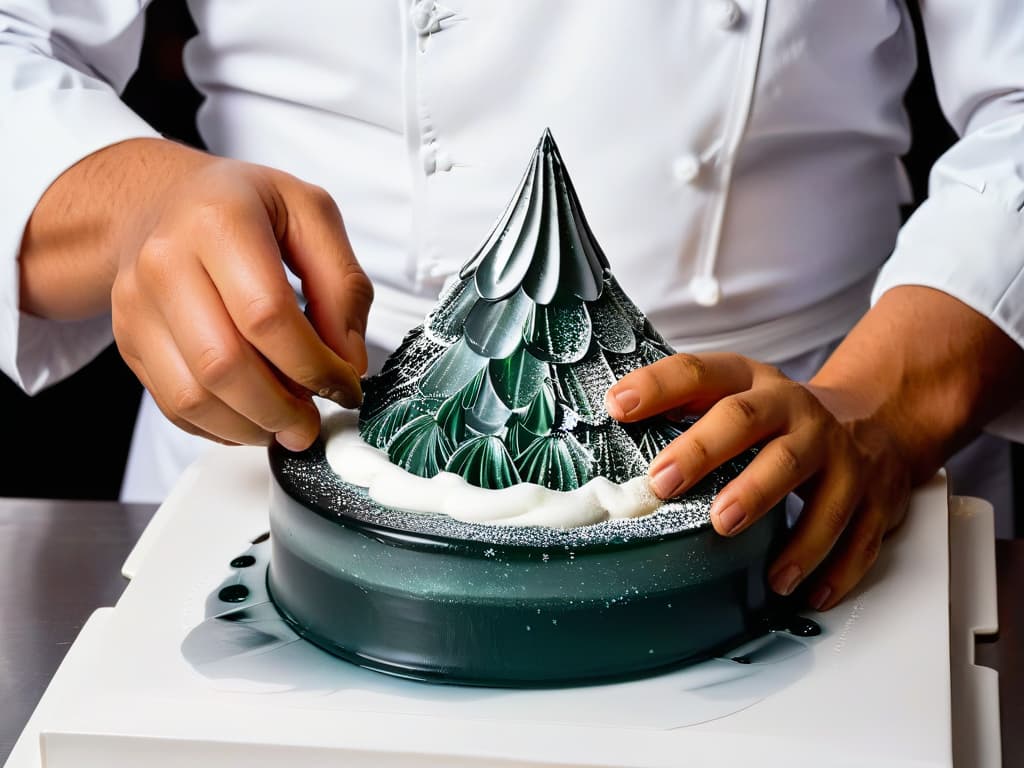  A closeup, ultradetailed image of a skilled pastry chef's hands meticulously shaping a clear, molten isomalt mixture into a delicate, intricate sculpture. The isomalt is glistening and transparent, reflecting the soft ambient light in the kitchen. The chef's concentration is palpable as they delicately mold the sugary substance into a stunning piece of edible art, showcasing the precision and artistry required in mastering the creation of transparent isomalt sculptures. hyperrealistic, full body, detailed clothing, highly detailed, cinematic lighting, stunningly beautiful, intricate, sharp focus, f/1. 8, 85mm, (centered image composition), (professionally color graded), ((bright soft diffused light)), volumetric fog, trending on instagram, trending on tumblr, HDR 4K, 8K