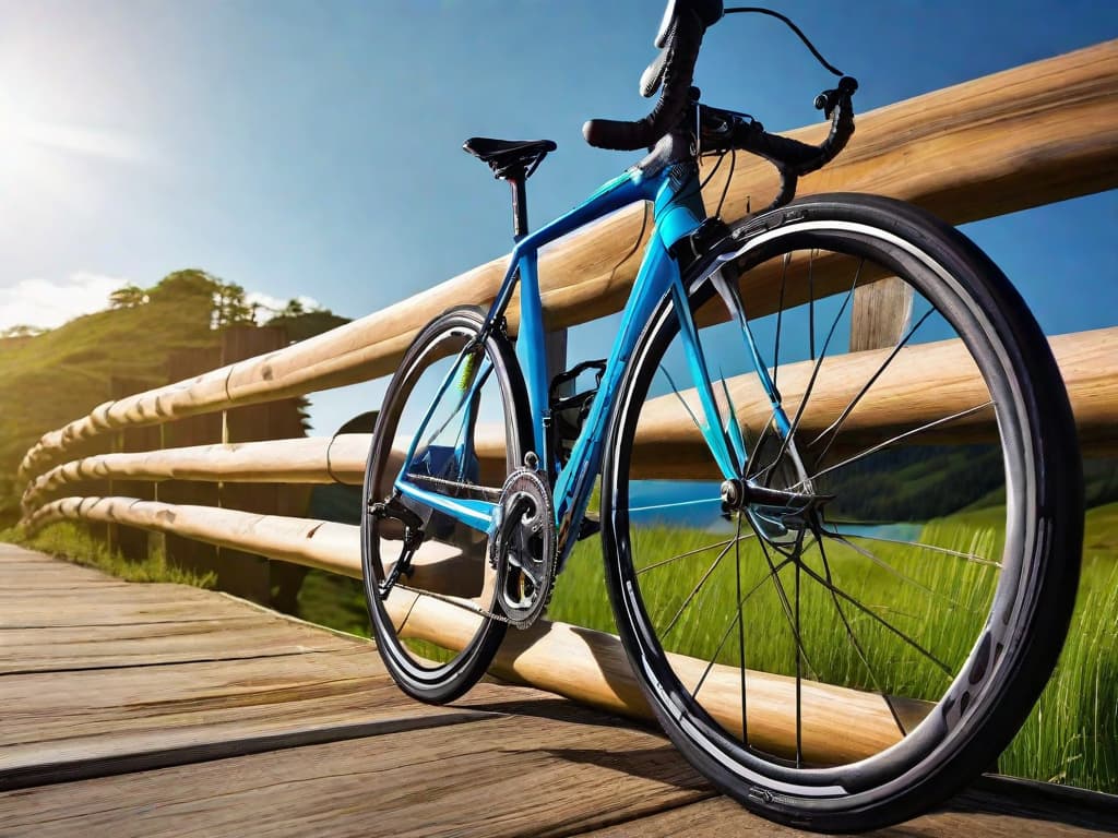  A close-up shot of a sleek road bike leaning against a wooden fence, with lush green mountains in the background under a clear blue sky. The focus is on the bike's shiny gears and chain, ready for a challenging ride in the Mantiqueira mountains. digital art, ilustration hyperrealistic, full body, detailed clothing, highly detailed, cinematic lighting, stunningly beautiful, intricate, sharp focus, f/1. 8, 85mm, (centered image composition), (professionally color graded), ((bright soft diffused light)), volumetric fog, trending on instagram, trending on tumblr, HDR 4K, 8K