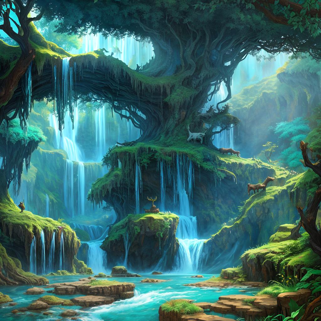  in a fantasy setting, Paint a surreal landscape where mythical beasts roam amidst cascading waterfalls.