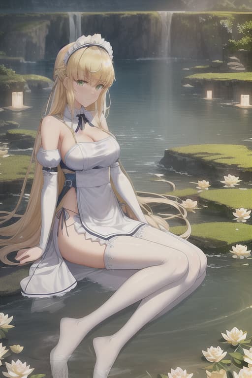  (score 9,score 8 up,score 7 up,),Fate saber,solo,maid,maid headdress,looking at viewer,outdoor,lake,apron,blonde hair,indoors,green eyes,bare foot,two feet in the water lotus flower sex stunny hyperrealistic, full body, detailed clothing, highly detailed, cinematic lighting, stunningly beautiful, intricate, sharp focus, f/1. 8, 85mm, (centered image composition), (professionally color graded), ((bright soft diffused light)), volumetric fog, trending on instagram, trending on tumblr, HDR 4K, 8K