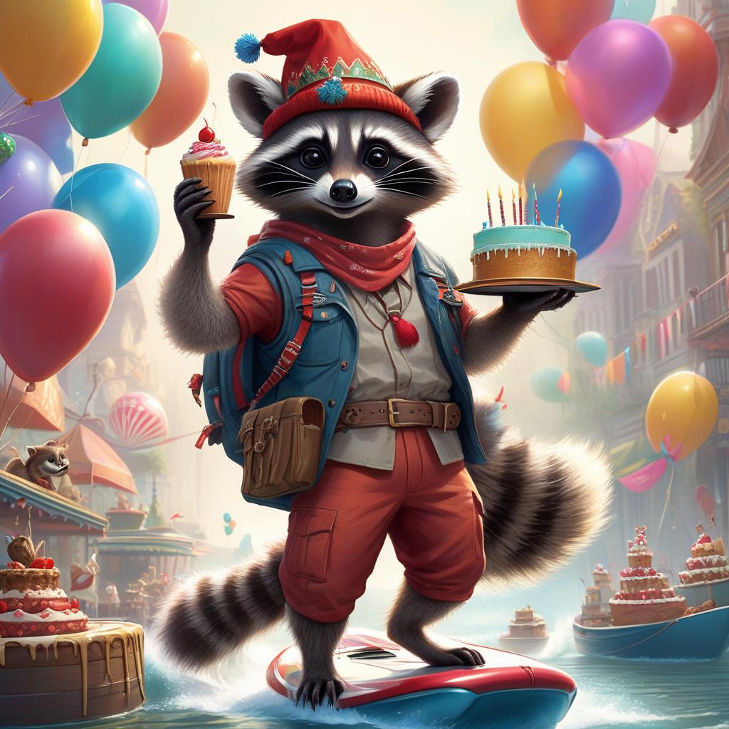  concept art A raccoon in a festive hat "Happy Birthday", on one front paw a raccoon holds a birthday cake, in the second paw a raccoon has a car wing from VAZ2110. The raccoon stands on the wakeboard with its hind legs, cutting through the waves, festive balloons and a festive costume are attached to the belt . digital artwork, illustrative, painterly, matte painting, highly detailed hyperrealistic, full body, detailed clothing, highly detailed, cinematic lighting, stunningly beautiful, intricate, sharp focus, f/1. 8, 85mm, (centered image composition), (professionally color graded), ((bright soft diffused light)), volumetric fog, trending on instagram, trending on tumblr, HDR 4K, 8K