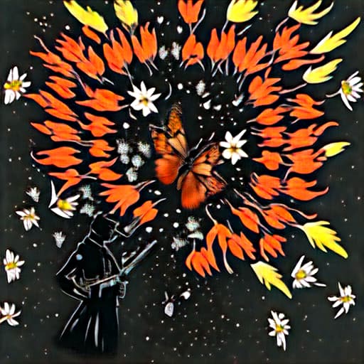  A dark romance book cover with black background, smoke and a monarch butterfly Ona big gun and other knives and bullets on background and some flowers and small butterflies or fireflies
