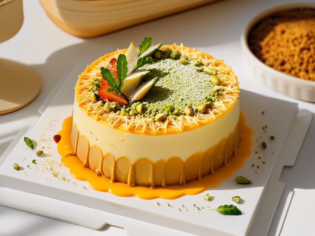  A highresolution, minimalist image of a beautifully plated Kunafa dessert on a modern, elegant serving dish. The dessert is intricately layered with goldenbrown shredded pastry, filled with rich, creamy cheese, and garnished with a sprinkle of crushed pistachios and a drizzle of sweet syrup. The dish is set against a simple, clean background to highlight the exquisite details and luxurious presentation of the Kunafa. hyperrealistic, full body, detailed clothing, highly detailed, cinematic lighting, stunningly beautiful, intricate, sharp focus, f/1. 8, 85mm, (centered image composition), (professionally color graded), ((bright soft diffused light)), volumetric fog, trending on instagram, trending on tumblr, HDR 4K, 8K