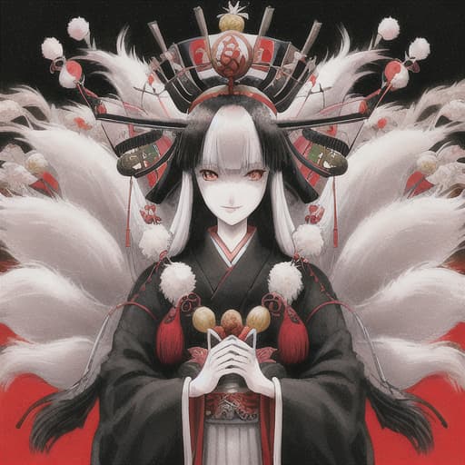  old fox lady, white-black hair, japanese outfits, Japanese crown on the head, age 30 years, behind the back there are 10 puppet hands holding large needles