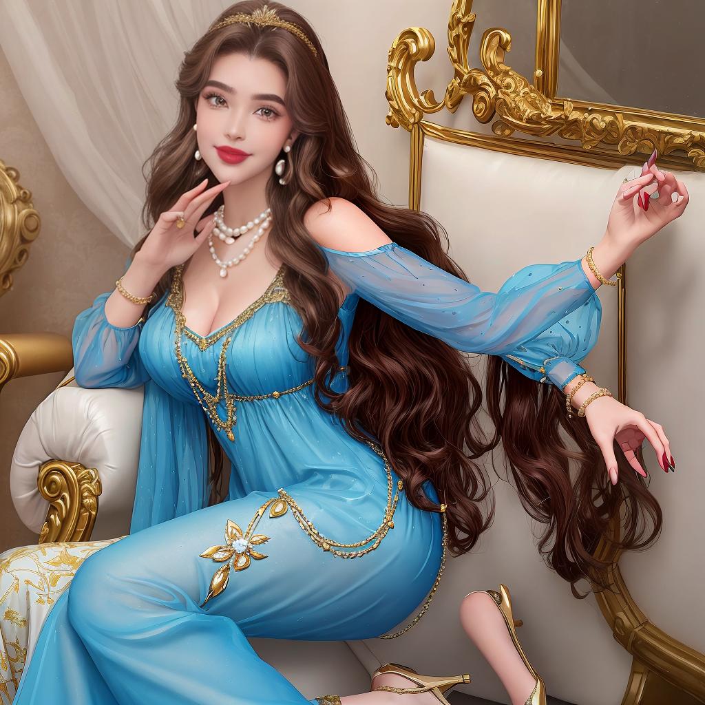  masterpiece, best quality,8k resolution,full body,girl,solo,v-shaped eyebrows,lipstick,puffy lips,light smile,long hair,brown hair,wavy hair,shiny hair,hair behind ear,jewelry,(gold stud earrings:1.0),pearl necklace,make up,off_shoulder,high heels,blue velvet gown,sheer sleeves,sheer overshirt,straight dress neckline,