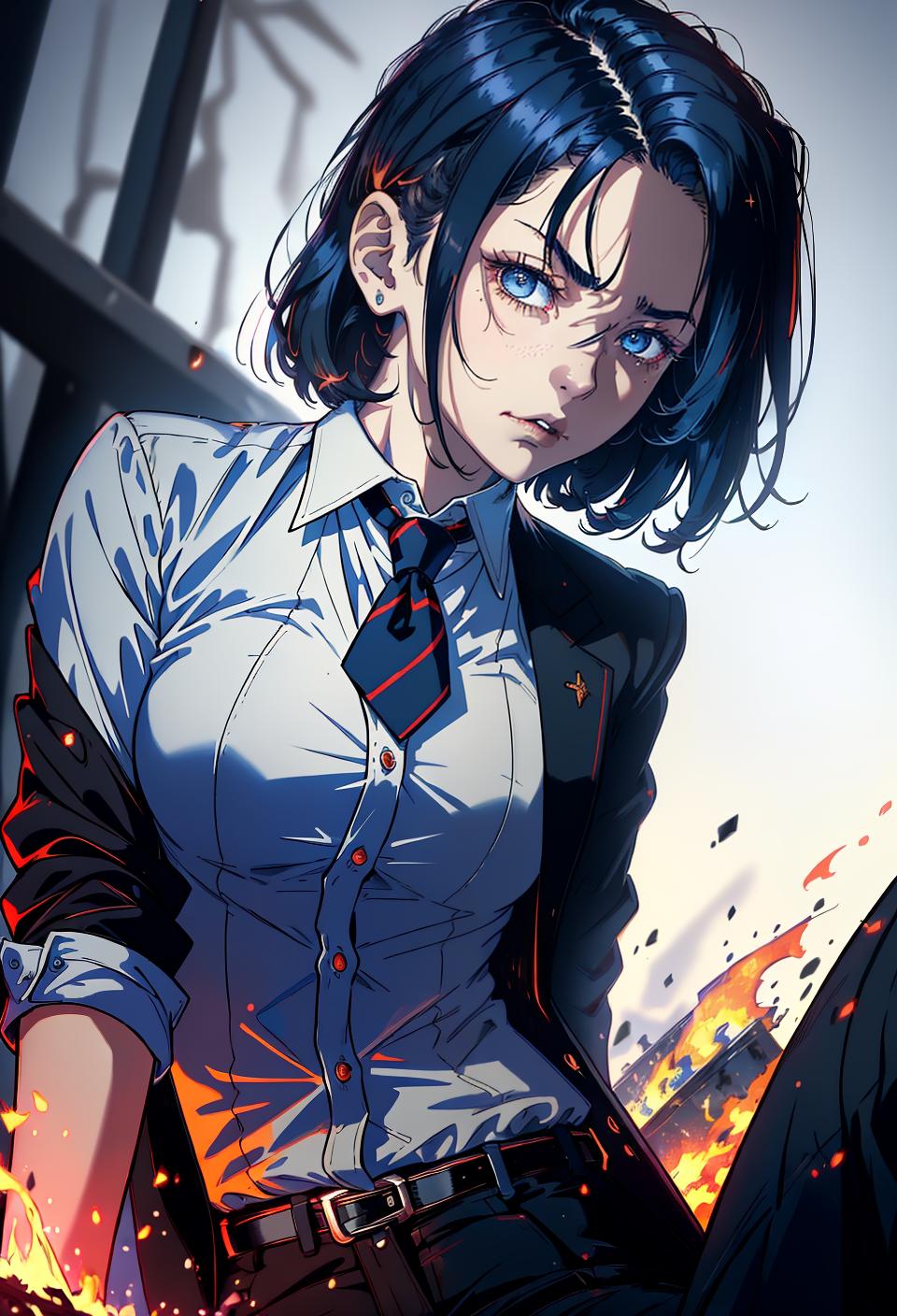 ((trending, highres, masterpiece, cinematic shot)), 1girl, young, male business attire, campfire scene, very short straight dark blue hair, side locks hairstyle,  amber eyes, tough personality, smug expression, horns, very pale skin, chaotic, limber