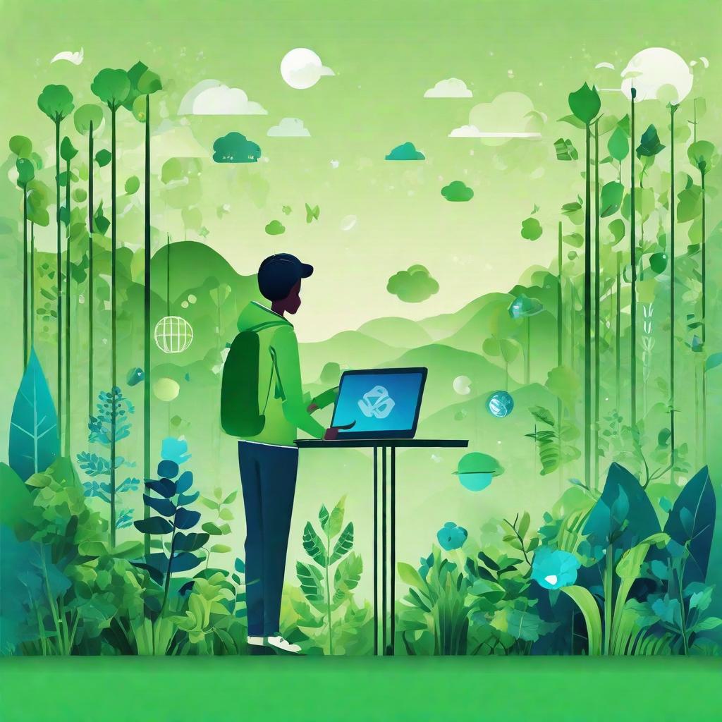  masterpiece, best quality,Background design: fresh green and blue gradient, representing harmony between nature and society. Core image design: a young man organizes an online environmental campaign through the network of Wopi. He uses smart devices to showcase his environmental projects, and the screen displays the slogan "cheer for the earth". The person faces left