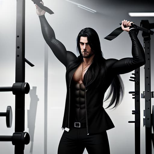  long black hair, black eyes, handsome man wearing opened black overshirt and black necklace, doing pull ups at the empty gym. hyperrealistic, full body, detailed clothing, highly detailed, cinematic lighting, stunningly beautiful, intricate, sharp focus, f/1. 8, 85mm, (centered image composition), (professionally color graded), ((bright soft diffused light)), volumetric fog, trending on instagram, trending on tumblr, HDR 4K, 8K