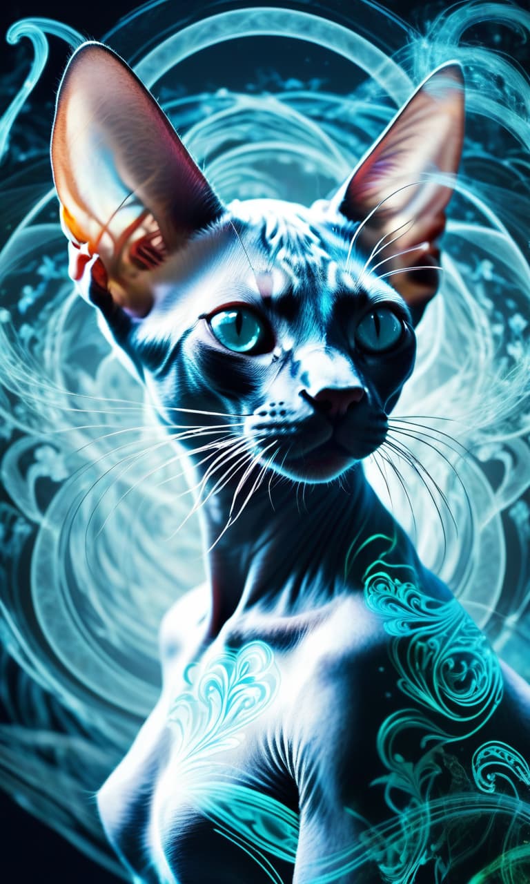  Digital image of a bioluminescent sphinx cat. Double exposure image, surreal. Mysterious, exotic:: Glowing pale geometric patterns on skin. Background: white with surrealistically bizarre abstract swirls and (vegetal elements: 1,2). In the manner of Minjae Lee, Carne Griffiths, Andrew Jones, Geoffroy Touraine. Stylistics:: art deco, renaissance, whimsical detailing, perfectly balanced light and shadows, deep subtle borders, artistic photorealism, fluidity. High quality. hyperrealistic, full body, detailed clothing, highly detailed, cinematic lighting, stunningly beautiful, intricate, sharp focus, f/1. 8, 85mm, (centered image composition), (professionally color graded), ((bright soft diffused light)), volumetric fog, trending on instagram, trending on tumblr, HDR 4K, 8K