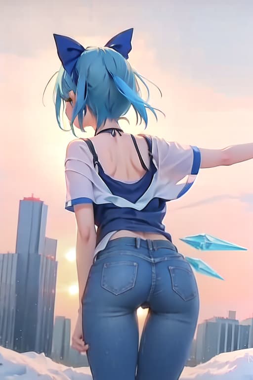  Cirno, from behind, jeans, bent over, ice wings, skinny