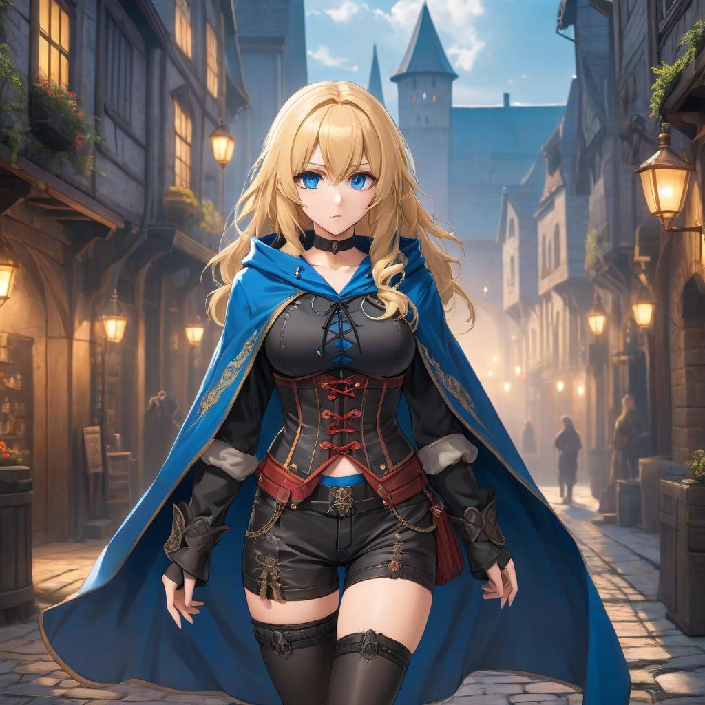  anime artwork a young woman, with blond hair, bundled hair, medieval clothes style, in black shorts, blue corset, black hoody cloak, with thigh straps, 2d, anime, extremely hyper detailed clothing, (extremely hyper detailed face), (masterpiece:1.4), (perfect eyes:1.1), (deep eyes), slim body, medieval fantasy . anime style, key visual, vibrant, studio anime, highly detailed hyperrealistic, full body, detailed clothing, highly detailed, cinematic lighting, stunningly beautiful, intricate, sharp focus, f/1. 8, 85mm, (centered image composition), (professionally color graded), ((bright soft diffused light)), volumetric fog, trending on instagram, trending on tumblr, HDR 4K, 8K