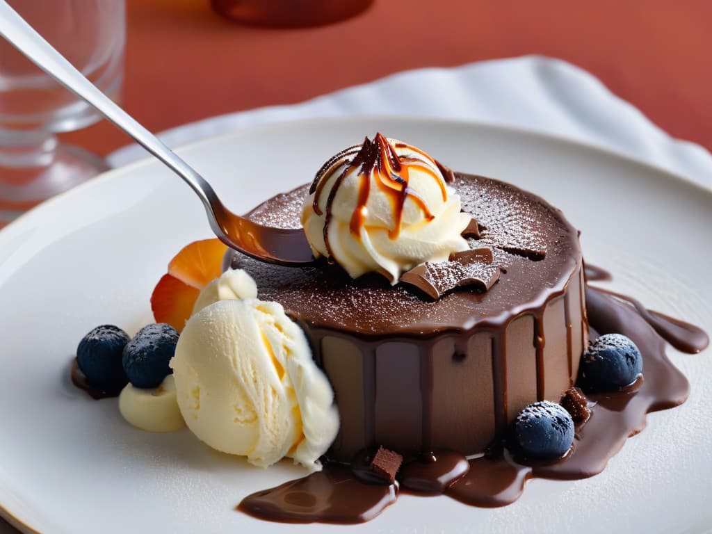  A closeup, ultradetailed image of a glossy, rich chocolate sauce being drizzled elegantly over a scoop of creamy vanilla ice cream, with intricate swirls and patterns forming as the sauce cascades down the sides of the dessert. The vibrant colors and textures of the dessert and sauce create a visually stunning and mouthwatering composition, perfect for enticing readers to try out new chocolate sauce recipes for their desserts. hyperrealistic, full body, detailed clothing, highly detailed, cinematic lighting, stunningly beautiful, intricate, sharp focus, f/1. 8, 85mm, (centered image composition), (professionally color graded), ((bright soft diffused light)), volumetric fog, trending on instagram, trending on tumblr, HDR 4K, 8K