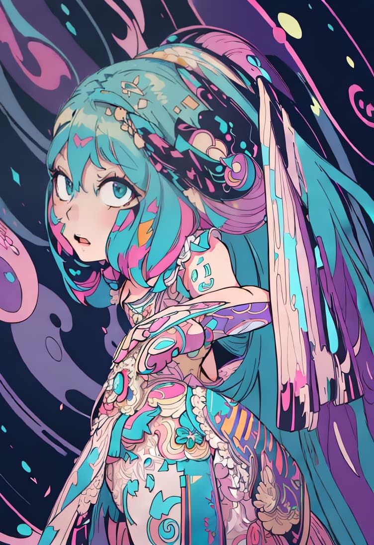  (masterpiece, best quality, highres:1.2), (intricate and beautiful:1.2), (detailed light:1.2), (colorful, dynamic angle), upper body shot, fashion photography of cute, intense long hair, (Hatsune Miku), dancing pose, flirting with POV, dynamic pose, soft moonlight passing through hair, (abstract colorful art background:1.3), (official art), (cinematic), 