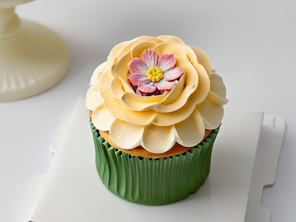  A closeup, ultradetailed image of a delicate, intricately decorated cupcake with pastelcolored frosting and delicate sugar flower decorations, set against a clean, minimalistic white background. The image showcases the fine details and craftsmanship of the confection, highlighting the artistry and skill involved in creating delicious pastries for a bakery business. hyperrealistic, full body, detailed clothing, highly detailed, cinematic lighting, stunningly beautiful, intricate, sharp focus, f/1. 8, 85mm, (centered image composition), (professionally color graded), ((bright soft diffused light)), volumetric fog, trending on instagram, trending on tumblr, HDR 4K, 8K