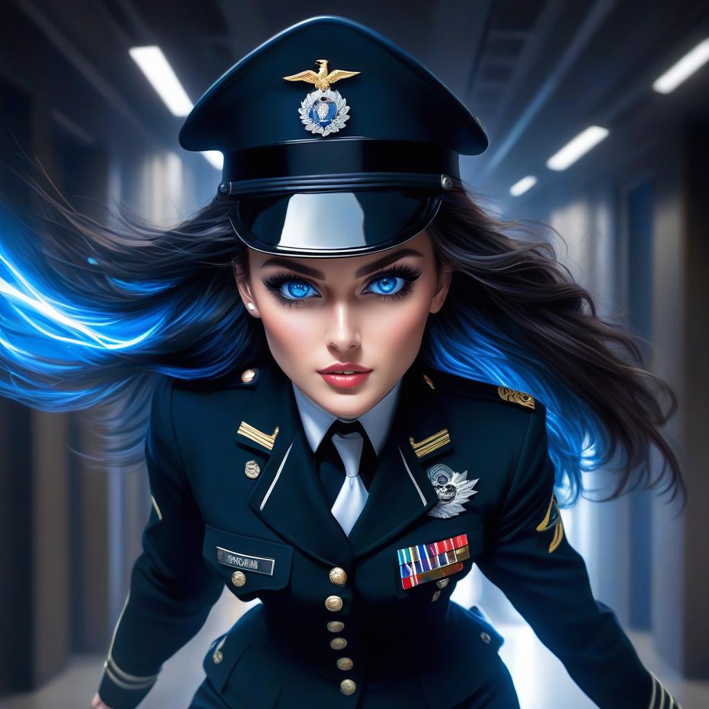  Realistically, a tender eigh yea , in a black military uniform, has nut long hair, silver green eyes, a is running down a hallway lit with blue spotlights, clear focus, vivid, bright eyes, well defined details, bright, lively eyes, a beautiful portrait ilration, a portrait in the style of fantasy, blue and white bursts, bright colors, bright eyes, fantastic art, intricate design, extremely detailed, clear focus, 8k, high resolution, elegant, hyperrealistic, full body, detailed clothing, highly detailed, cinematic lighting, stunningly beautiful, intricate, sharp focus, f/1. 8, 85mm, (centered image composition), (professionally color graded), ((bright soft diffused light)), volumetric fog, trending on instagram, trending on tumblr, HDR 4K, 8K