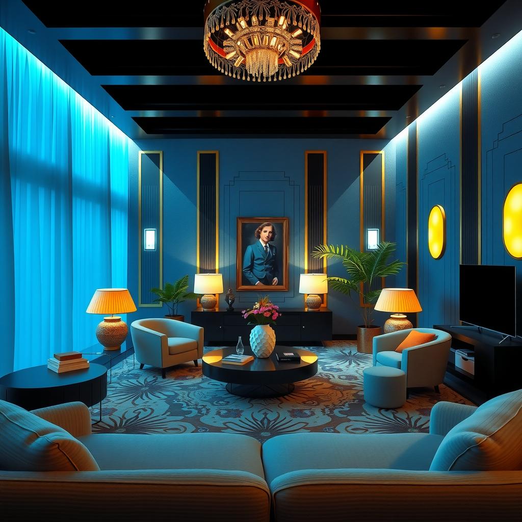  capture an unedited 8k photograph styled after mario testino, featuring a sharp, hyperrealistic, and highly detailed view of a living room designed in the art deco style. the space highlights 1920s and 30s geometric patterns and luxury materials, emphasizing style and functionality. the image should have a vibrant blue effect (rgb color value for blue), professionally color graded with bright, soft diffused light. it is shot with a 100mm f/2.8 telephoto lens under nocturnal lighting, reminiscent of a mystery movie. employ cinestill 800t film grain to enhance the nostalgic style with vintage color schemes and intricately blurred backgrounds that amplify the scene's stunning beauty. the dense furnishings and decorations contribute to the over