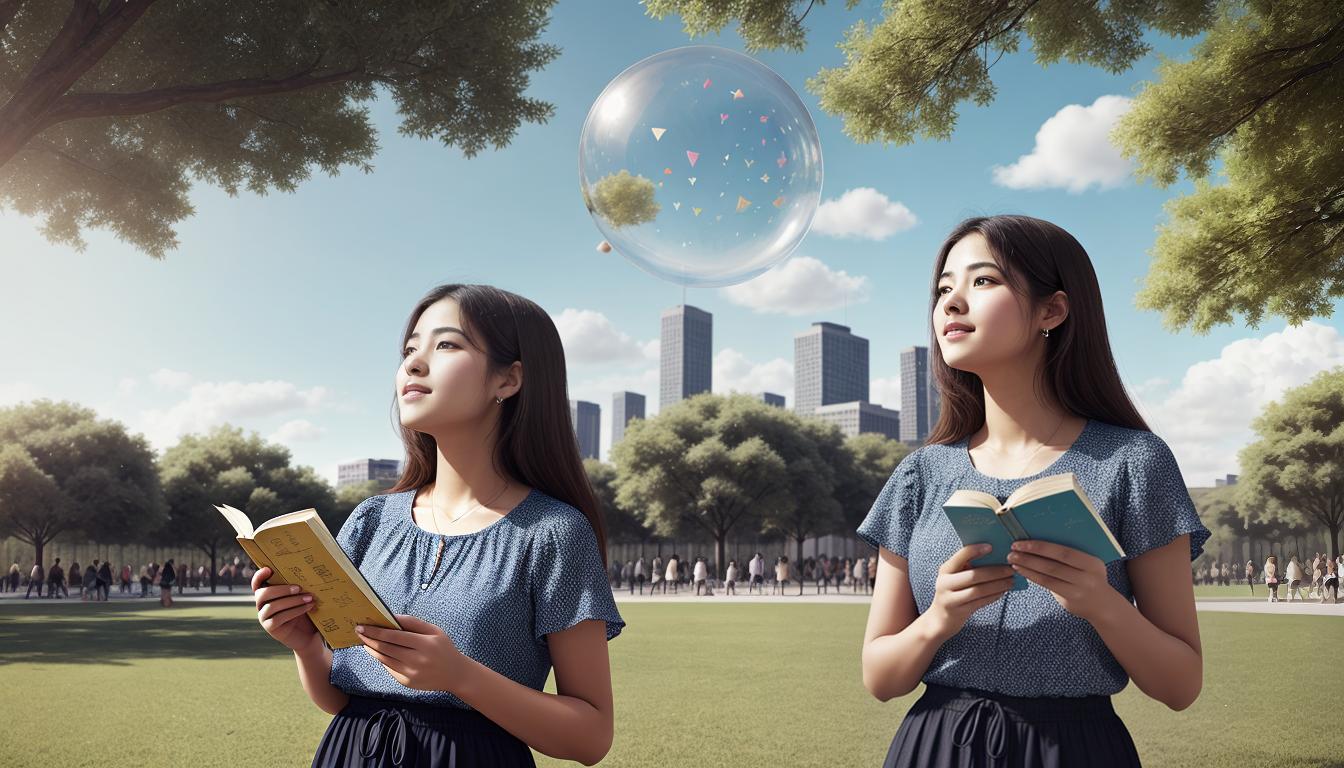  digital illustration, Woman standing confidently with a thought bubble, inside the bubble are books, art supplies, and musical notes, man applauding, sunny day in a park, intellectual validation, looking at viewer, dynamic pose, (intricate details, masterpiece, best quality)