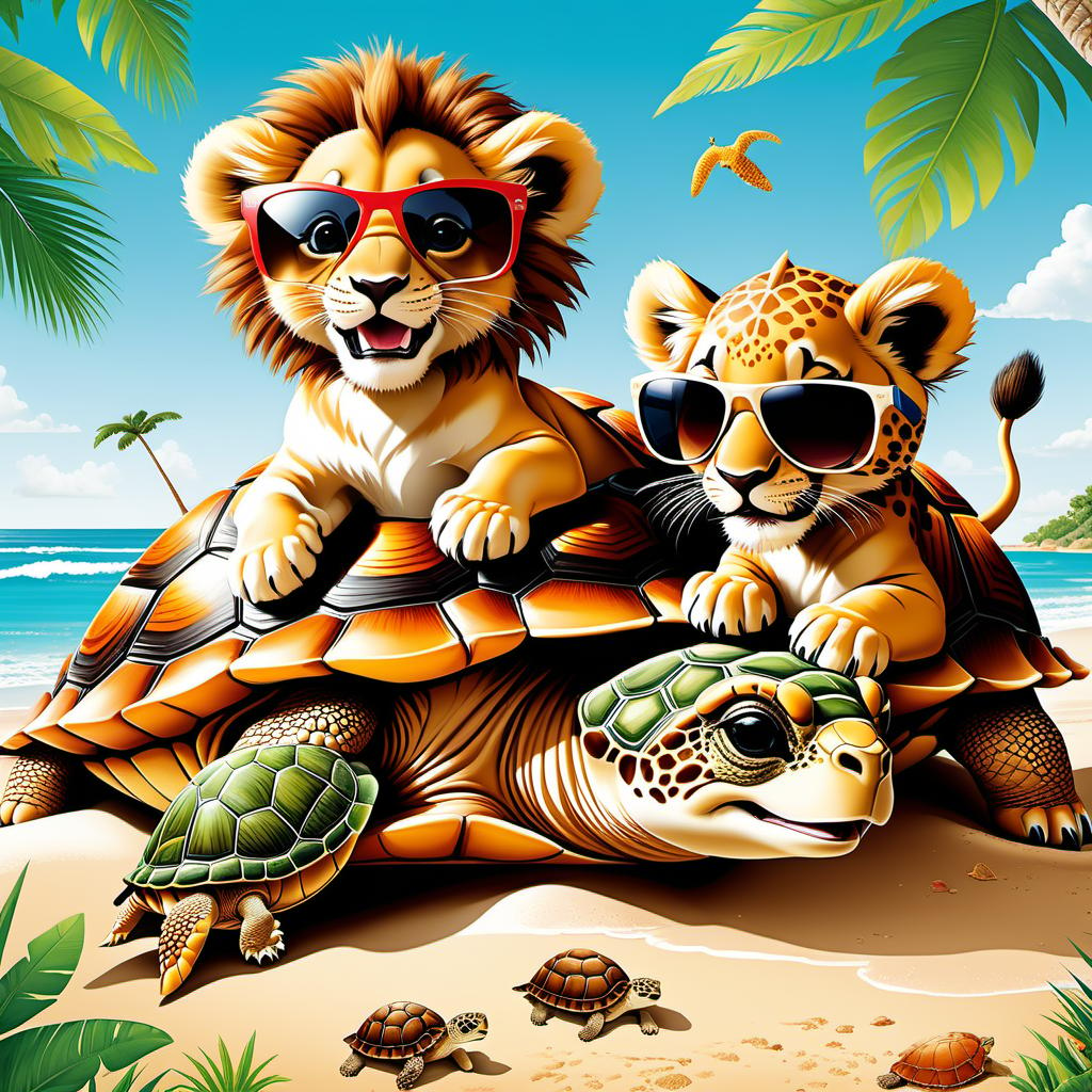  Advertising poster style Mandy Disher style, cartoon style, (one cute lion cub and one big turtle:1,5), the lion cub has a thick mane, they are having fun on the beach, the lion cub is sitting on top of a turtle shell, the turtle has a brown shell, the turtle is wearing big sunglasses on his face, they are having fun, carefree life, sun, sea, palm tree, . Professional, modern, product-focused, commercial, eye-catching, highly detailed